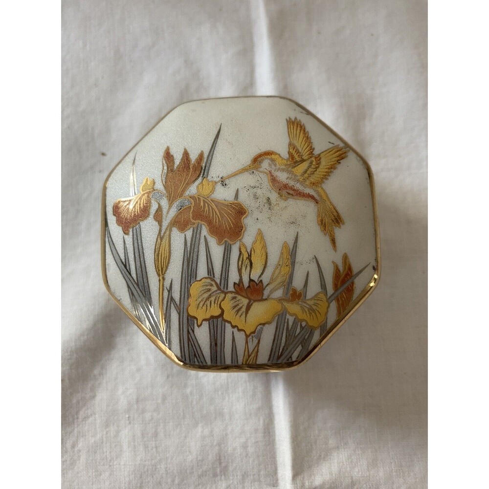 Octagon Action Japan Porcelain Hummingbird Trinket Dish With Gold Accents